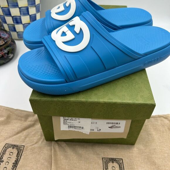 Men's Gucci interlocking G rubber Pool slides size 12 made in Italy - Picture 2 of 13